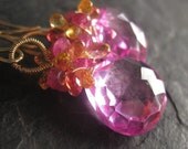 Pink sapphire earrings, orange and yellow sapphire with solid 14k gold earwires --Grenada--