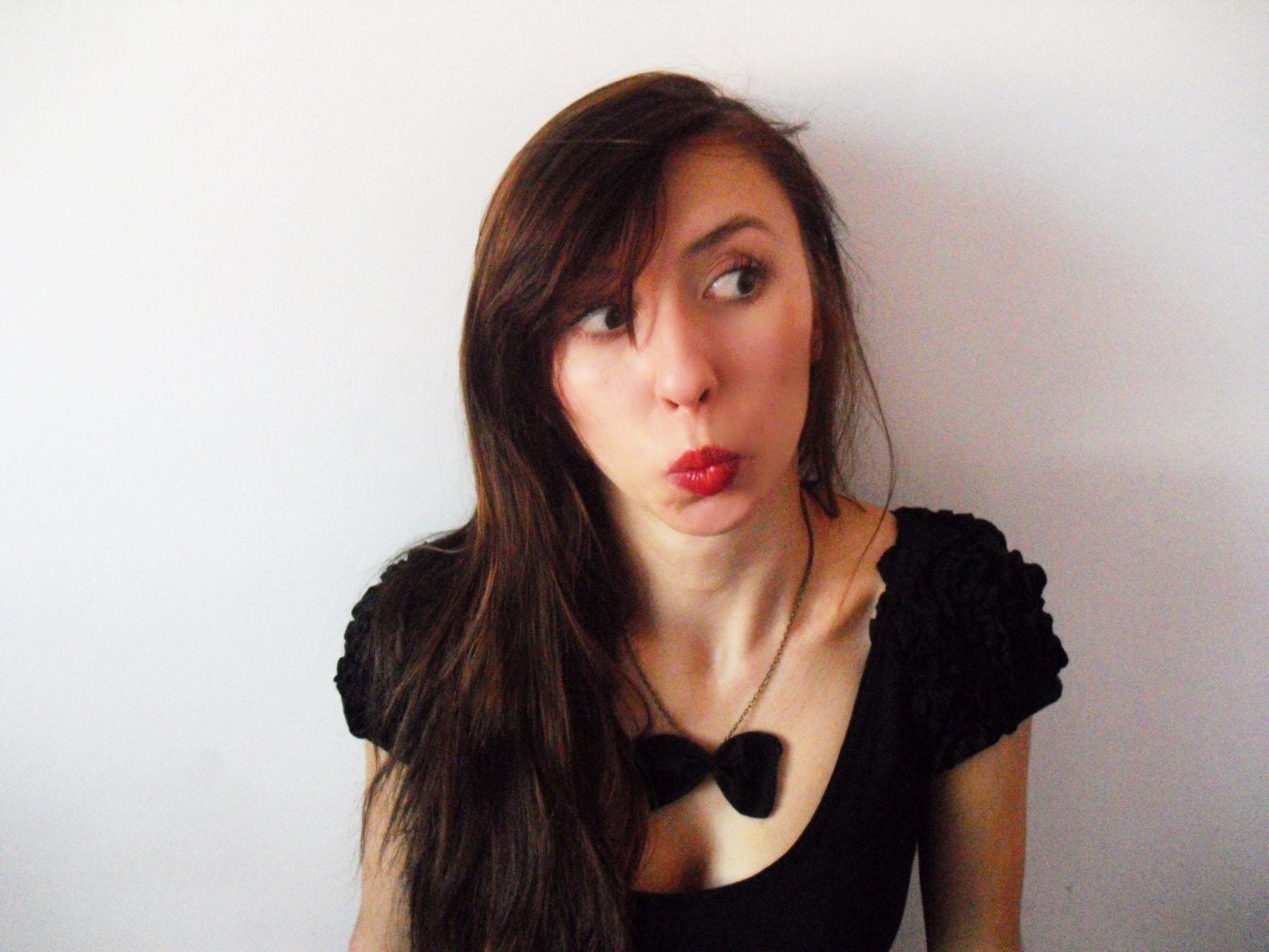 Bow tie necklace - black fabric bow pendant with chain