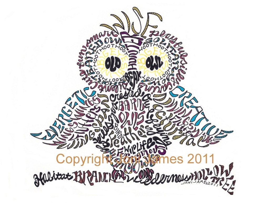 Wise Old Owl Word Art Calligram Typography or Calligraphy Illustration 8x10 Matted Print by Joni James on Etsy