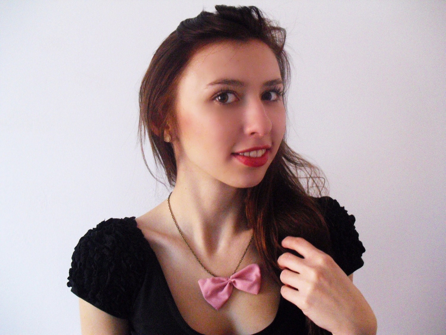 Bow tie necklace - pink fabric bow pendant with chain