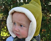 Little Eco Gnome - An organic fleece winter hat with mossy green corduroy- READY TO SHIP size 0 to 12 months