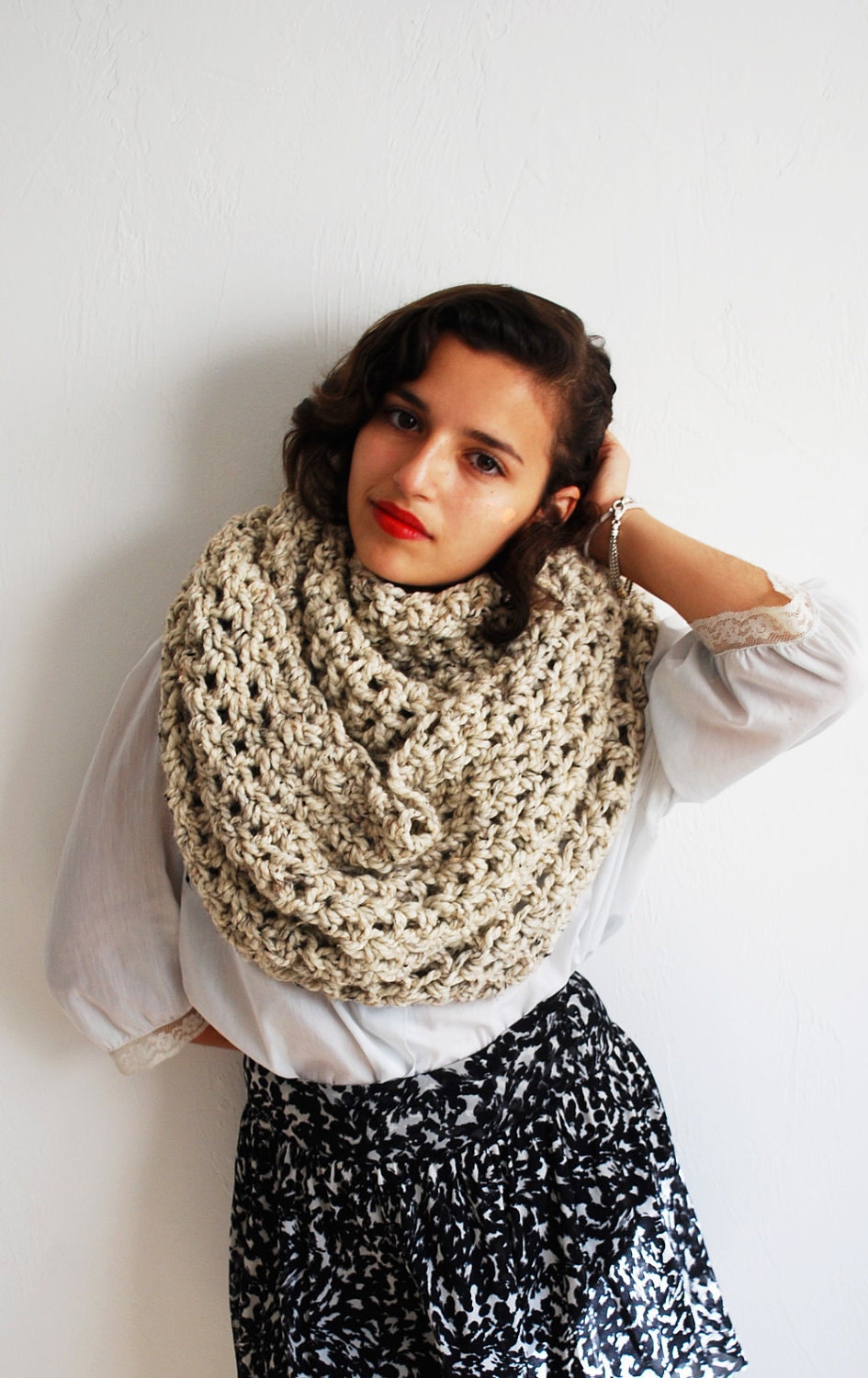 The Oversized Cowl or Hood Hand Knit in Oatmeal Wool Blend - MADE TO ORDER