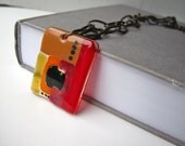 Modern Fused Glass Necklace Red Yellow Amber