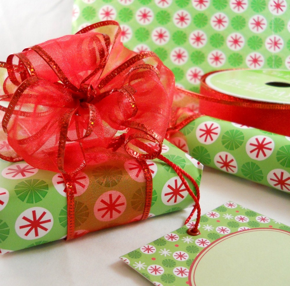 Christmas Gift Wrap Bright Green with Red Wired Ribbon and Gift Tag