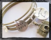 Hand Stamped Bracelet - Bangle Set with Charms.....Hand Stamped in Brass....Capture Life....Camera