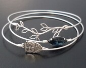 Midnight Owl Bangle Bracelet Set - Silver, Blue, Unique Owl Jewelry, Nature Inspired Bracelet Set, Nature Bracelets, Forest, Woodland Theme