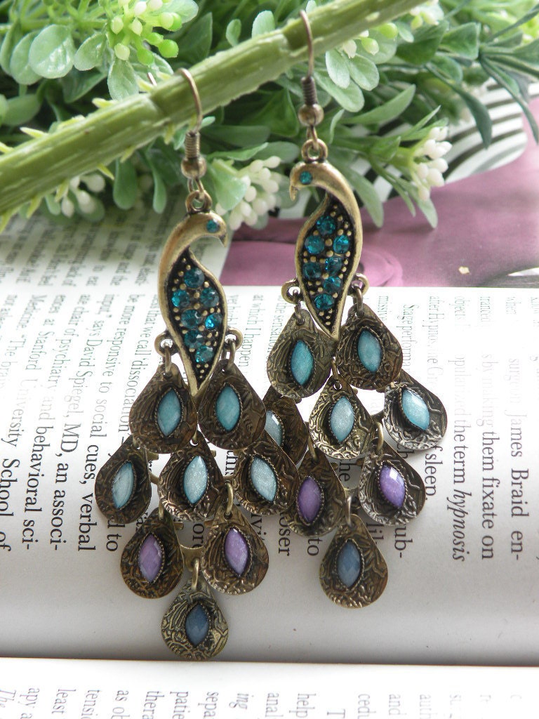 Pretty retro copper colorful filigree stone feathers peacock earrings vintage style