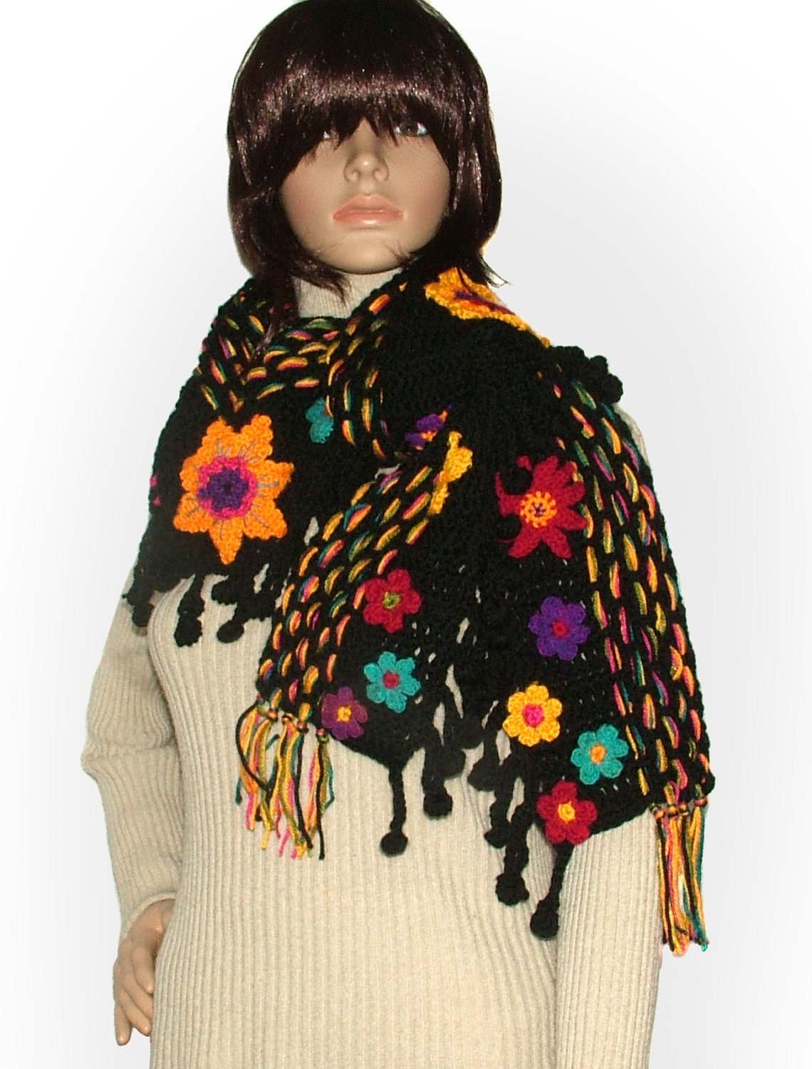 Black Crochet Flower Floral Scarf OOAK Wearable Art