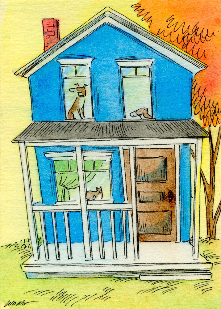 Original ACEO Painting -- Happy blue house