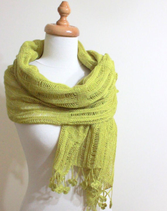 Knitting Shawl RECTANGLE Yellow Green Knitting Cool Scarf Wrap Mohair Acrylic Stole Gift For Her Spring Fashion