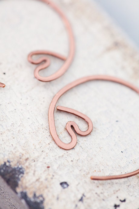 Simple Love heart hoop hammered copper earrings valentines day