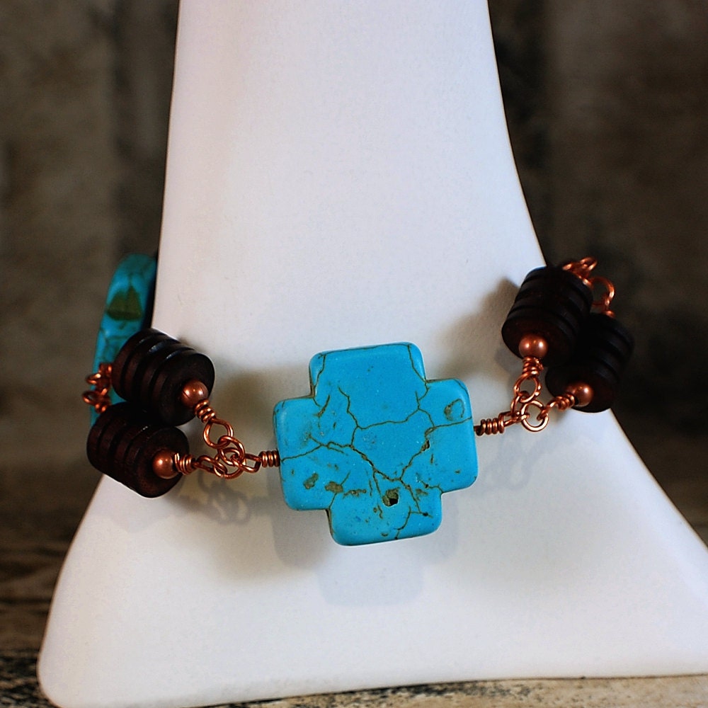 Turquoise Dyed Howlite Bracelet Wood Beads Wire Wrapped