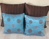 Blue throw pillow 16 inch with brown and orange circles decorative cushion cover