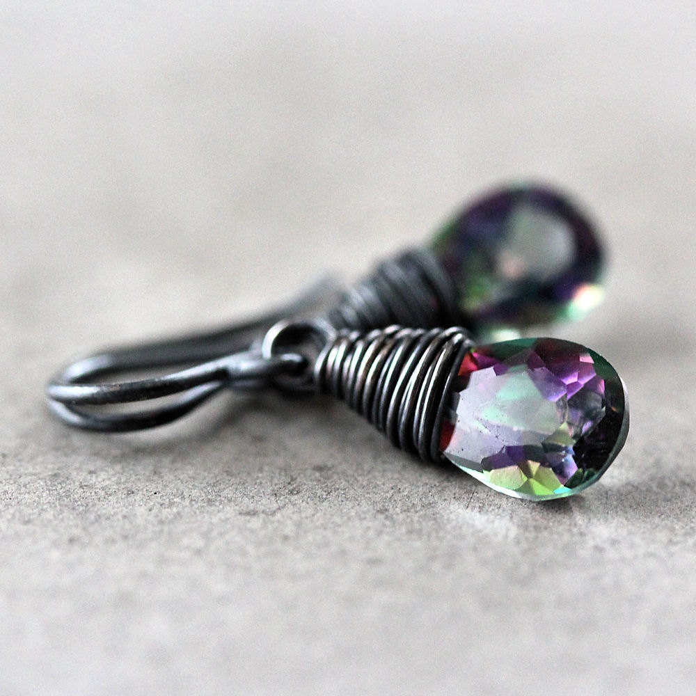 Mystic Topaz Earrings, Rainbow Mystic Topaz Oxidized Sterling Silver Wire Wrapped Earrings - Seduction