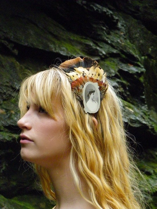 HER CAMEO Feather Headband/ Pheasant and Antique Photo Headband/ FORGOTTEN Ancestor Series