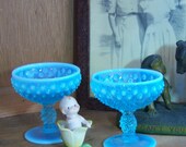 Depression Era Opalescent Blue Hobnail Glass Stemmed Sherbets