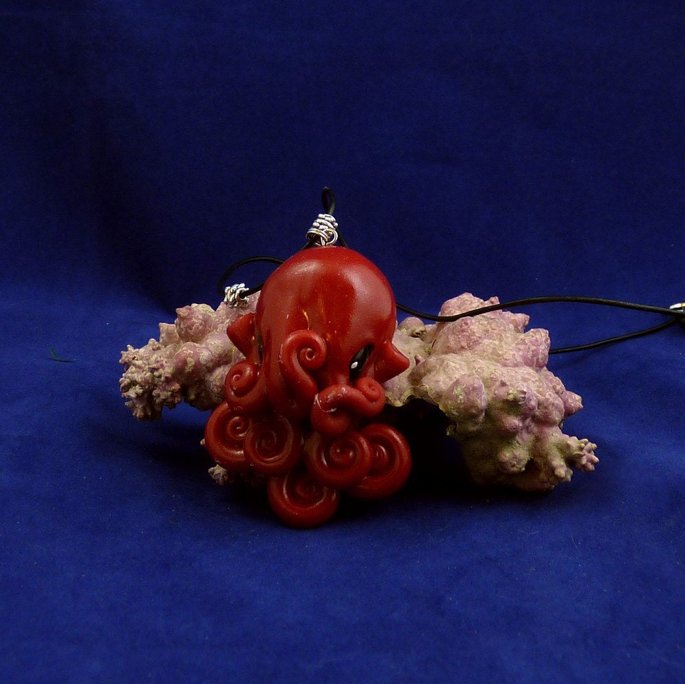 Burgundy Octopus Necklace - Red Polymer Clay Cephalopod Jewelry