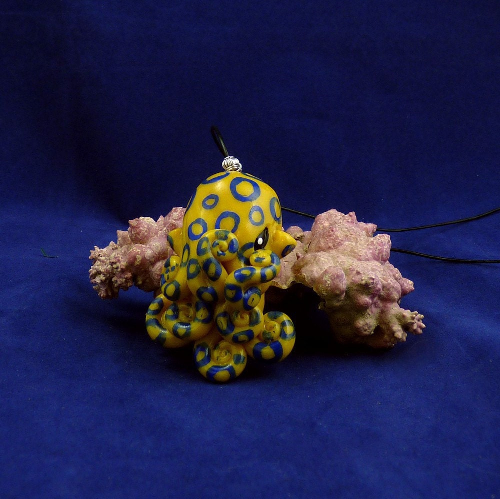 Blue Ringed Octopus Necklace - Yellow & Blue Polymer Clay Cephalopod Jewelry