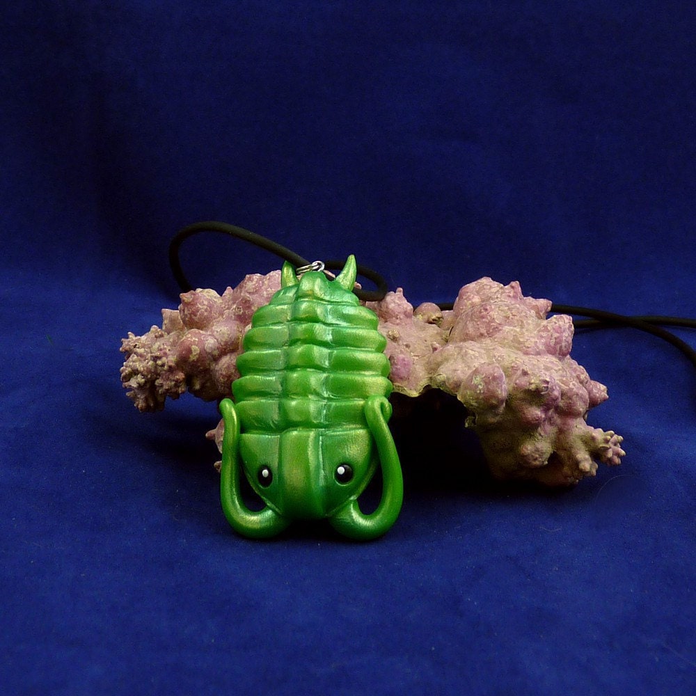 Iridescent Green Trilobite Necklace- Handmade Polymer Clay Jewelry