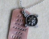 Hand Stamped Copper Tag Necklace With Compass Charm And Sterling Ball Chain- Not All Who Wander Are Lost By Inspired Jewelry Designs
