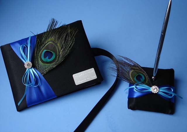 Peacock Guest Book and Wedding Pen Set in Black with Custom Accent Colors and Personalized Engraving