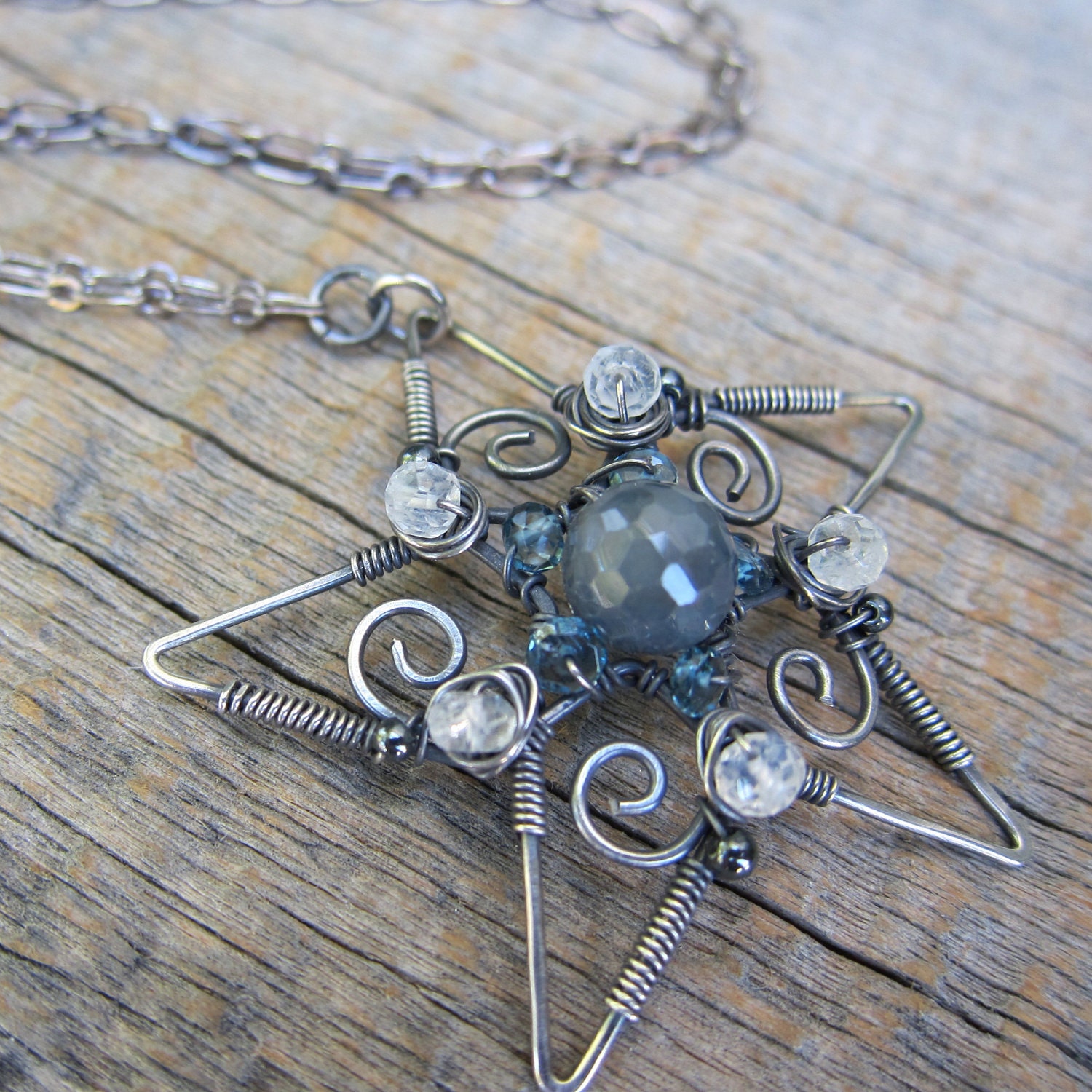 E&A Filigree Snowstar Pendant - Sapphire and Silver ... Wire Wrapped Ornate Star