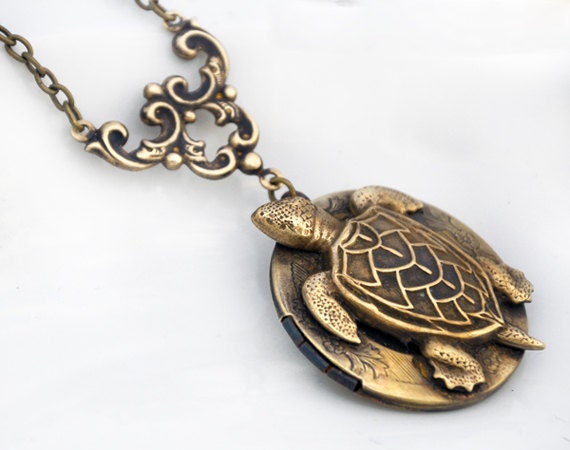 Steampunk Turtle Locket Pendant Necklace Save The Turtles Free Gift Wrap