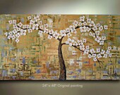 ORIGINAL Flower Tree Painting White blossom Abstract Landscape Artwork Treescape Heavy Textured 48x24 Contemporary art Made to Order by OTO