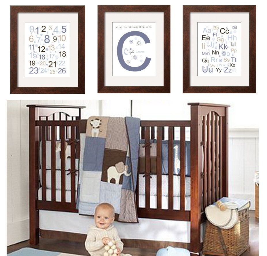 Letter initial, Alphabet and Numbers in denim blue brown and tan, 3 pc  8X10 for Bradley Bedding Pottery Barn by YassisPlace