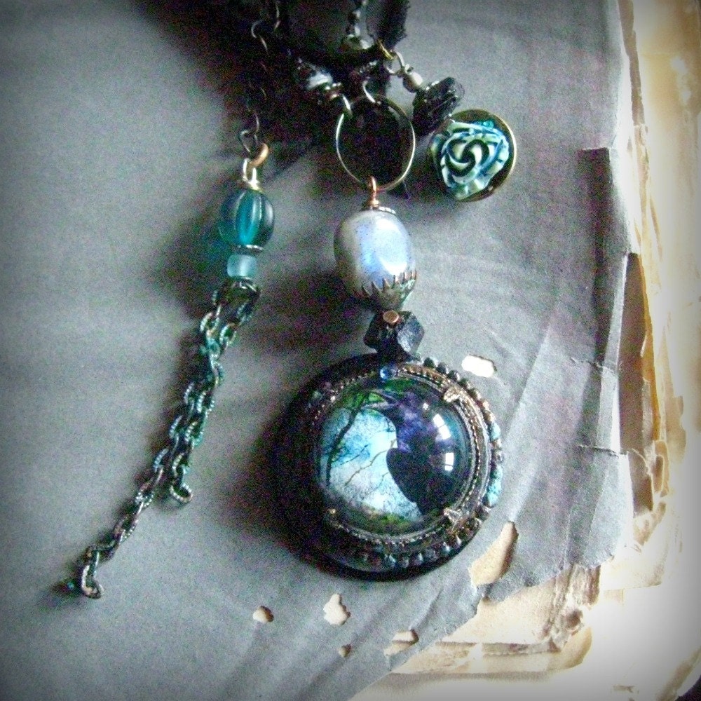 Teal Twilight  Raven collage pendant gothic necklace assemblage labradorite