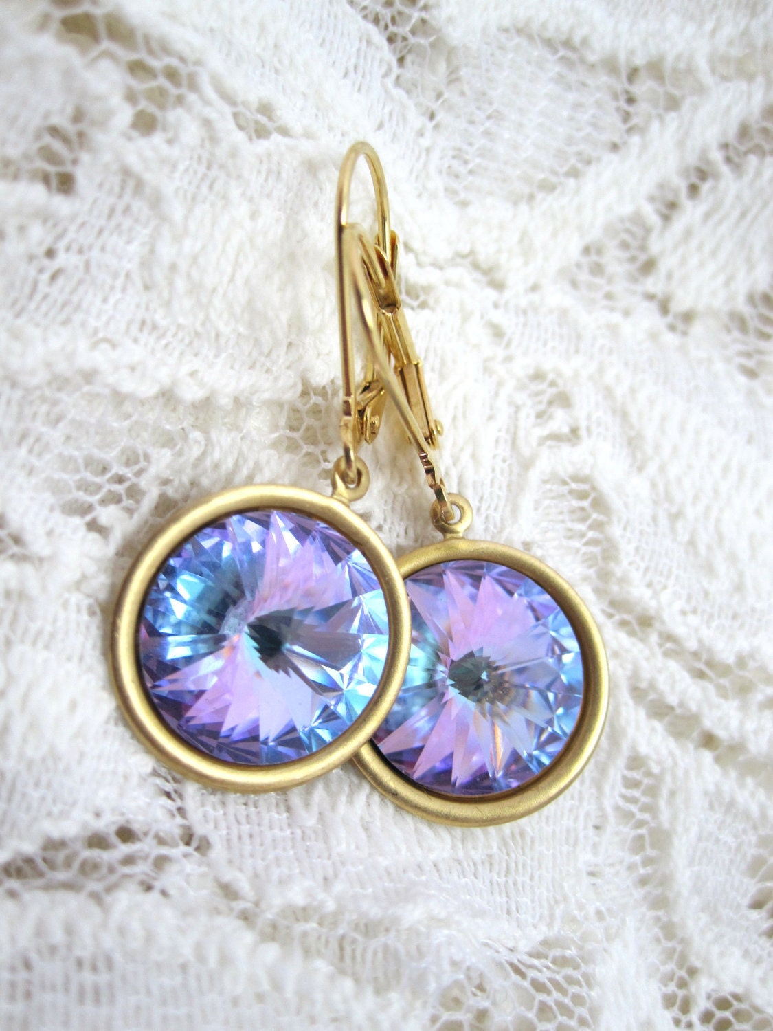 Swarovski vitrail earrings - light lavender vitral rivolis on gold leverbacks - LazyOwlBoutique