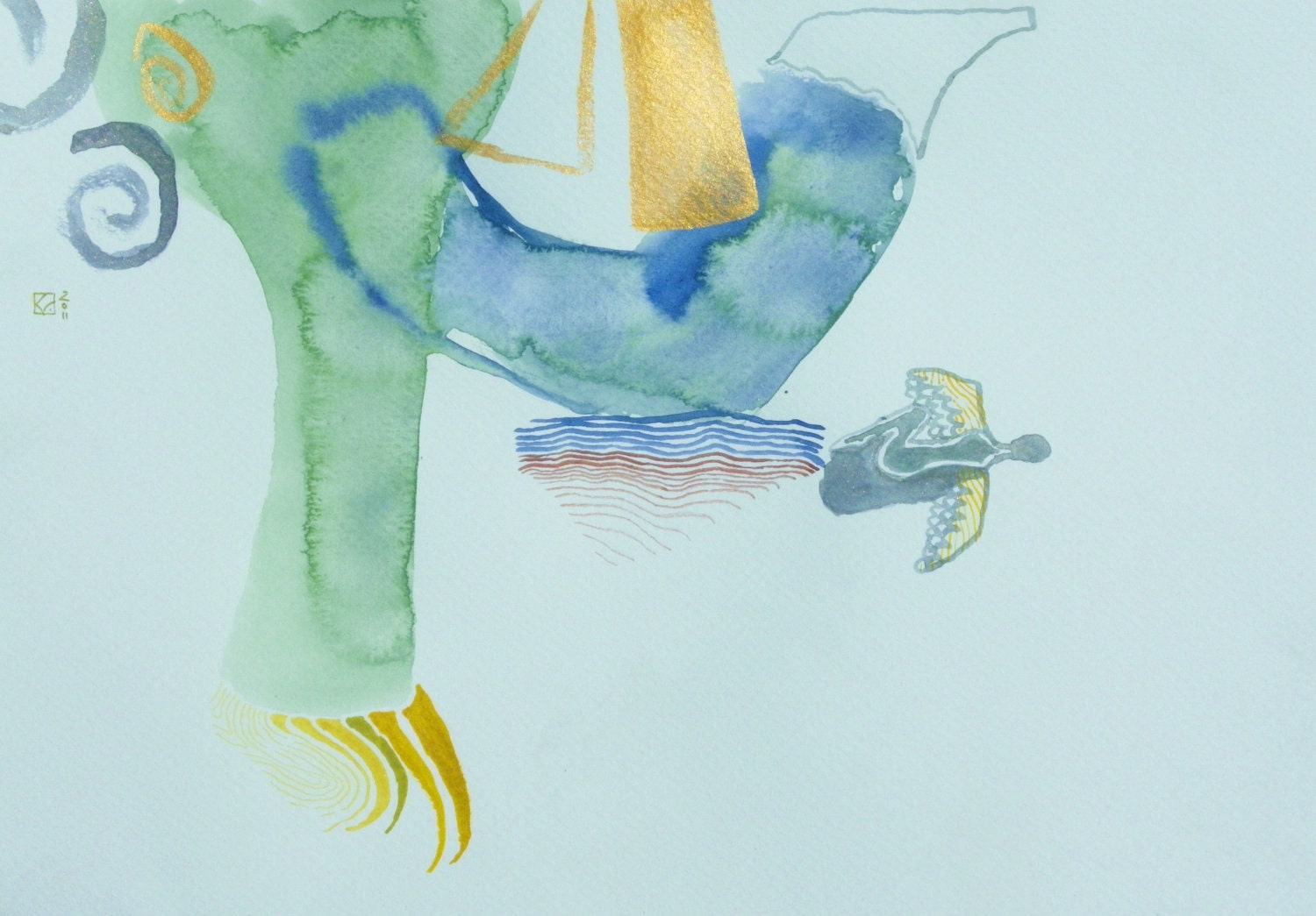 SUPER SALE Tree, boat, bird (original watercolor)
