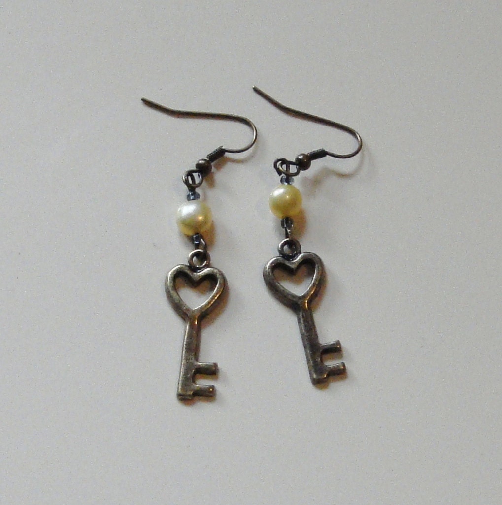 Heart shaped key charm earrings with yellow freshwater pearls and smoky grey seed beads