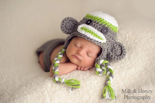 Newborn White, Lime & Dark Gray Sock Monkey Earflap Hat - Photography Prop