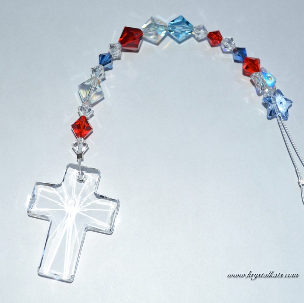 Welcome Home Solider Crystal Patriotic Red, Clear and Blue Beaded Swaroski Crystal Clear Cross Suncatcher with Stars