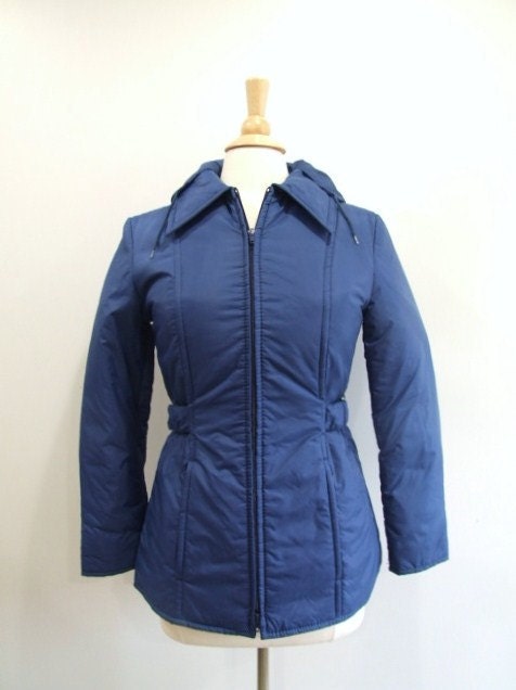 Vintage Puffer Coat Navy Blue Hooded Jacket - M