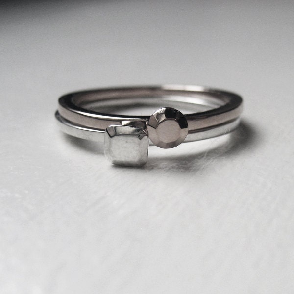 READY TO SHIP, Mini faceted diamond like stack rings, sterling silver, artisan metalsmith, mini Modern Rock set, size 6