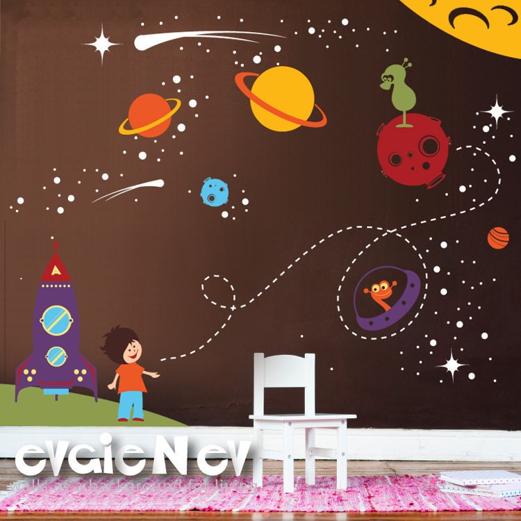 Children Wall Decal - Outer Space Theme - Stars, Spaceship, Astronaut, Spaceman - Kids Nursery Decals - PLOS010R