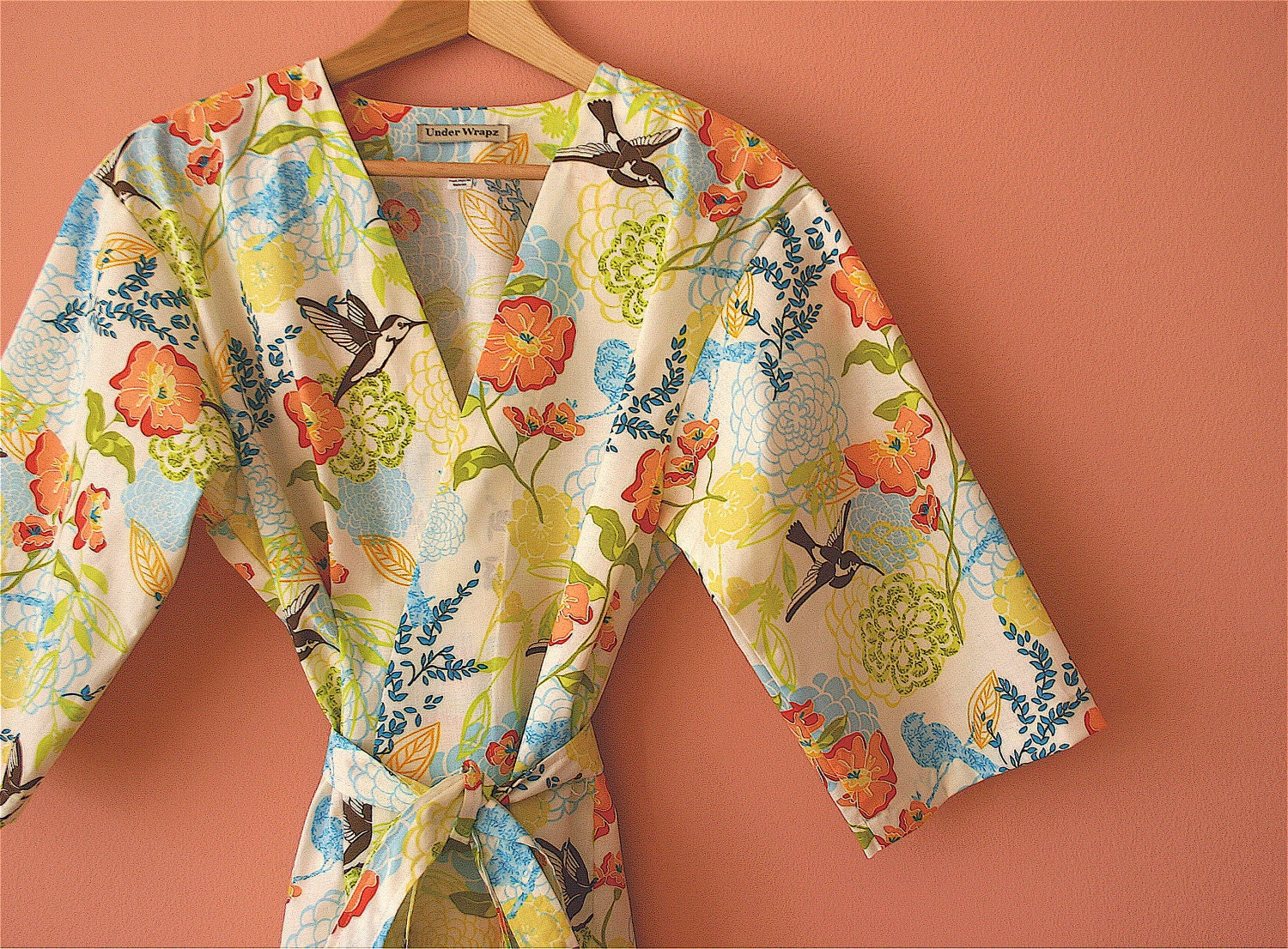 Womens Robe. Dressing Gown. Wrap. Hummingbird.  Mid Calf Length.