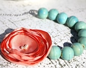 Fabric flower necklace, Bridesmaid flower necklace, peach and aqua anthro inspired necklace