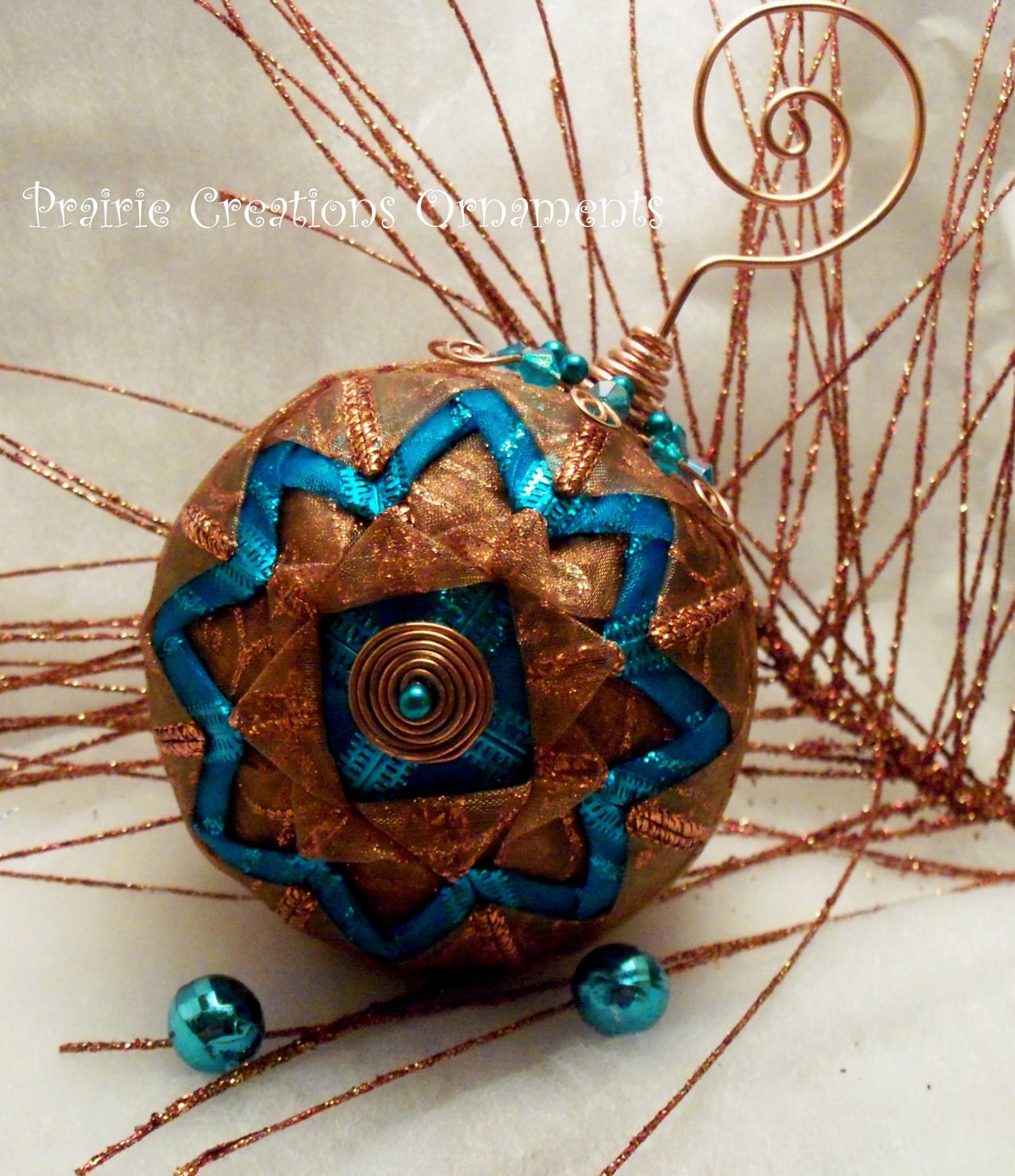Folded Ribbon Quilted Christmas Ball Ornament Sparkling Copper and Turquoise Artisan Design