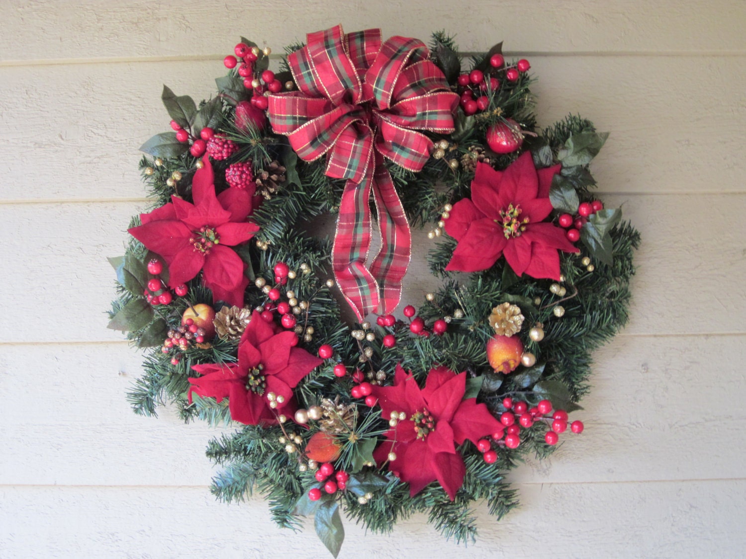 Traditional Holiday Wreath with Plaid Tartan Bow and Poinsettias