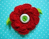 Crocheted Flower Brooch -- Handmade in Apple Red and Green with Buttons