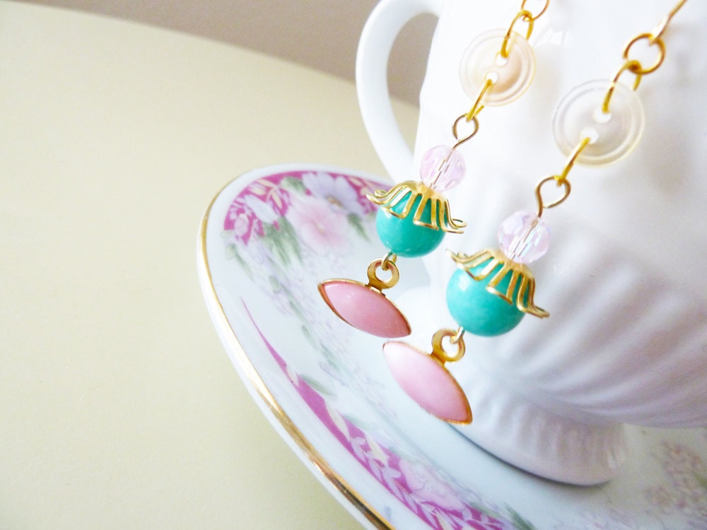 Quirky Pink Moon Dangle Earrings Vintage Pearl Button Earrings Aqua Gold. CLEARANCE SALE