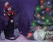 Winter Christmas Holiday fantasy black cat art print