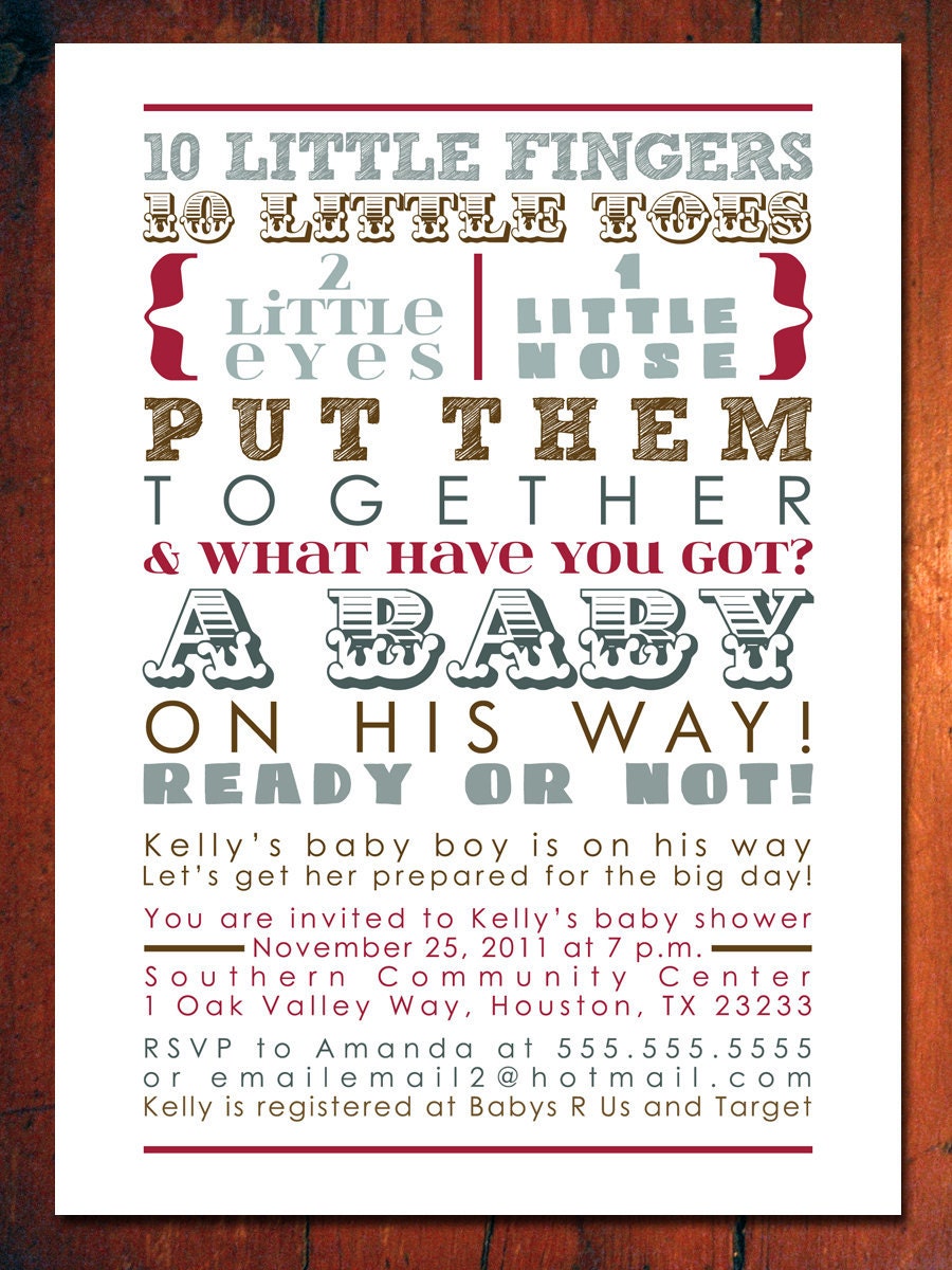 Baby Boy Shower Invitation - blue red words, boy boyish (DIY Printable Digital File OR Printed Cards)