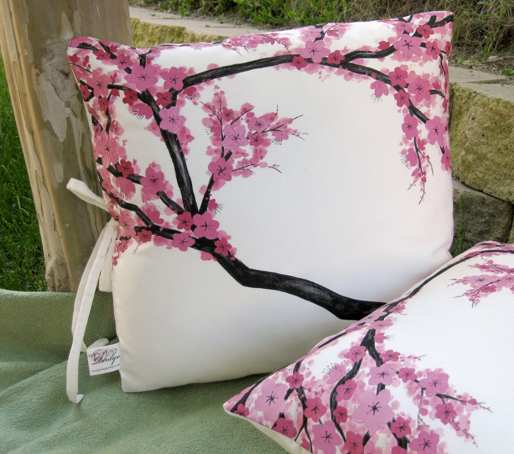 Pair of 18in Throw Pillow Covers with Hand Painted Cherry Blossoms on Eco Friendly Cotton