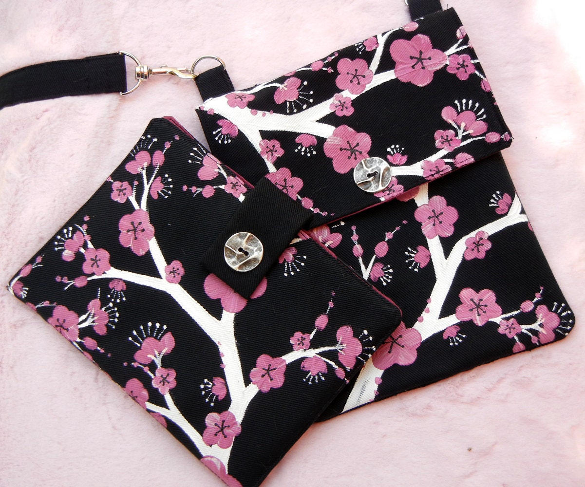 Hand Painted Purse and Book Style Padded Cover for Kindle or E Reader in Black with Pink Cherry Blossoms