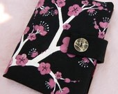 Kindle Fire Cover, Nook Cover, e-reader Cover-Black and PInk Suede Padded Book Style Cover Hand Painted with Cherry Blossoms