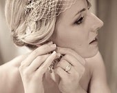 White Birdcage Veil  vintage hollywood - Art Deco- bridal veil - feather fascinator - custom wedding